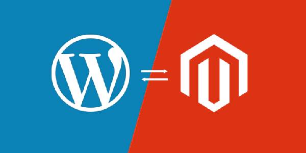 Logo of WordPress and Magento in Blue and Red Background 